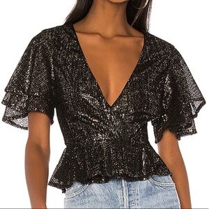 House of Harlow 1960 x Revolve Suri Sequin Wrap V-Neck Ruffle Sleeve Cropped Top
